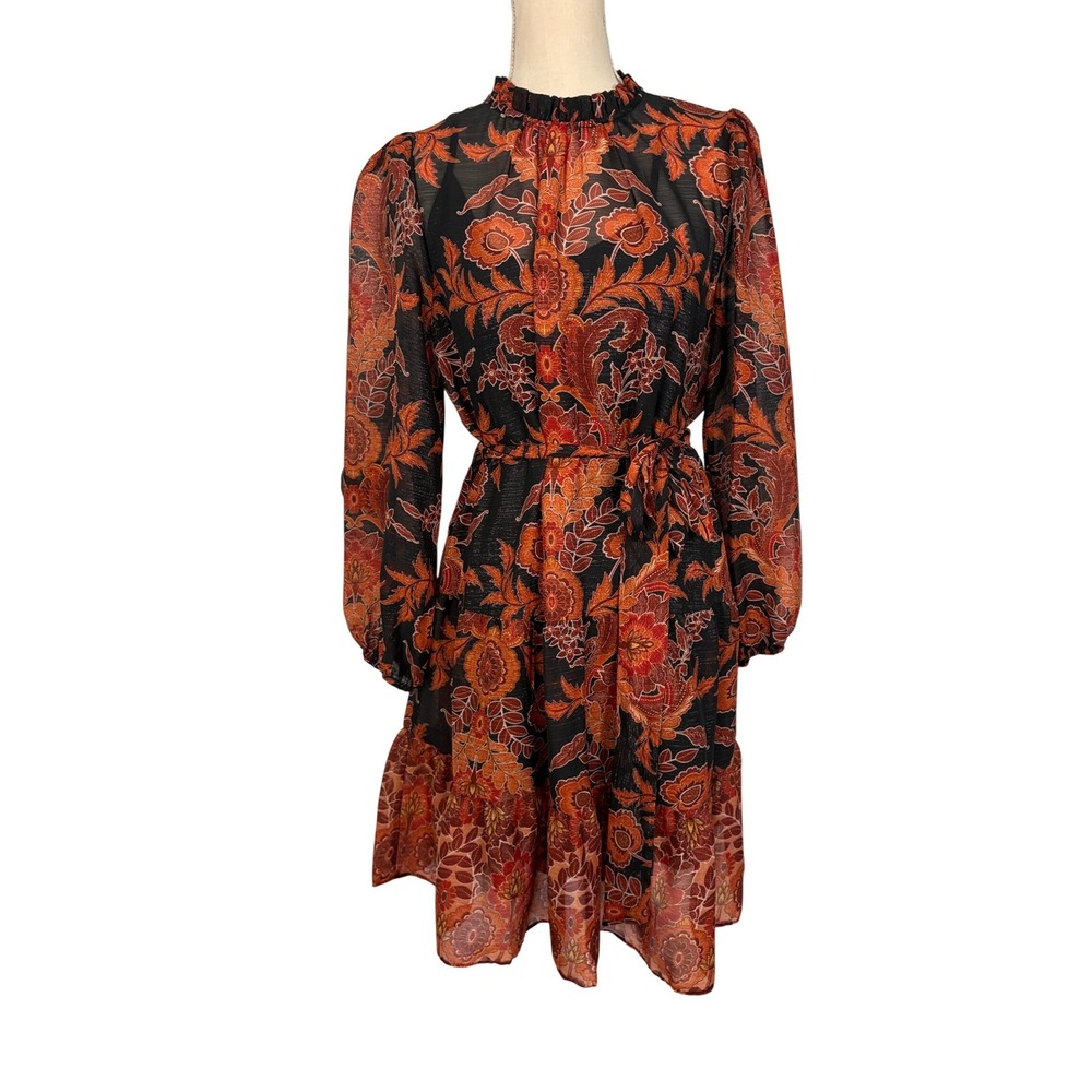 Julia Jordan Dress Metallic Floral Paisley Ruffle Neck Midi Black Orange Size 12 - Picture 11 of 11